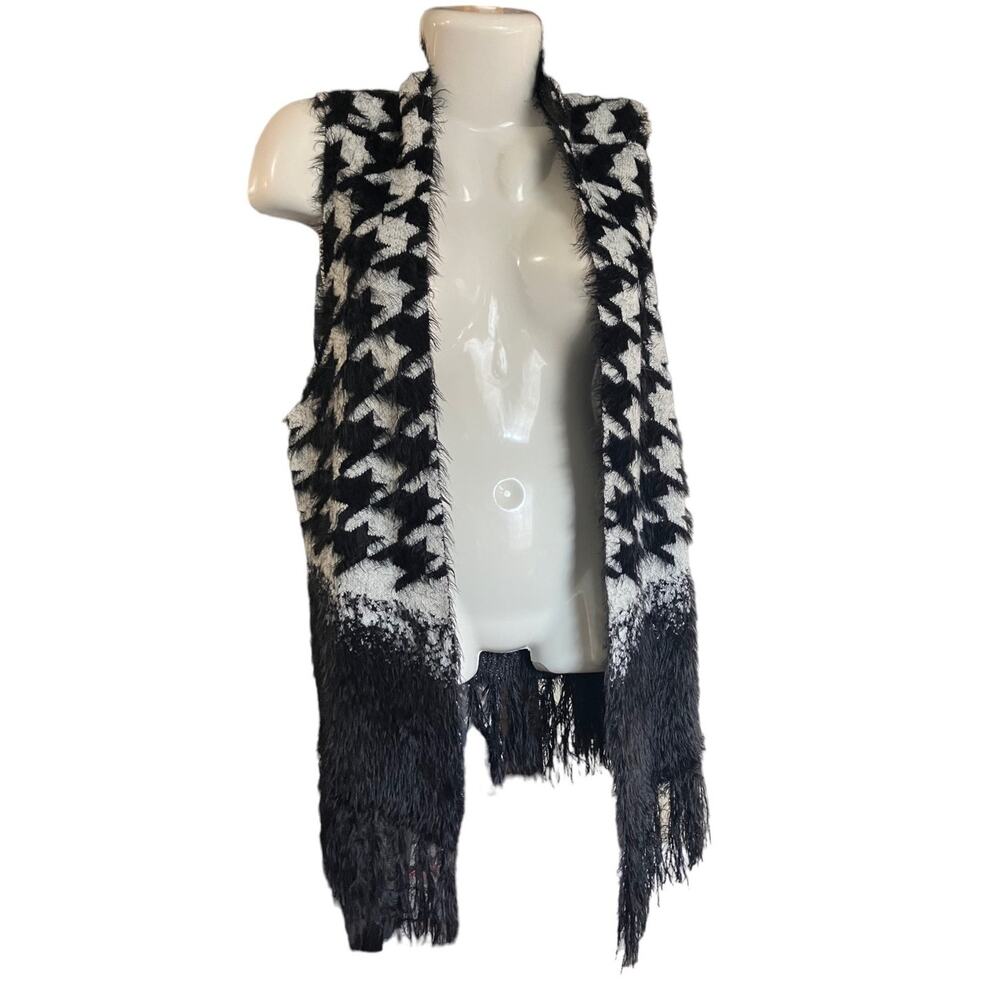 Investments Women's Black/Silver Houndstooth Furry Sleeveless Vest Fringe SZ XL